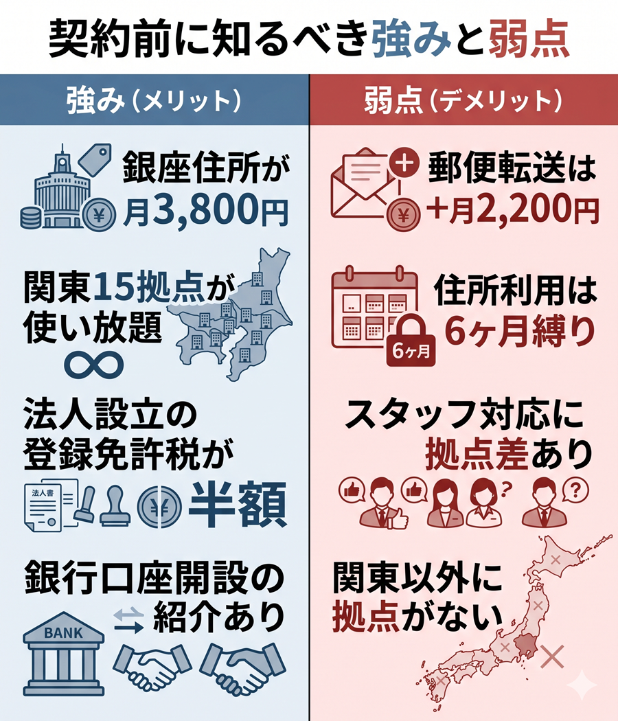 アントレサロンのメリットとデメリットの比較図解。安価な銀座住所や拠点網の強みと、郵便転送コストや6ヶ月縛りなどの弱点を対比
