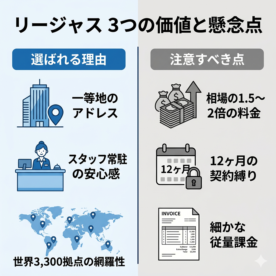 リージャスのメリット(立地・スタッフ・拠点数)とデメリット(料金・契約縛り・従量課金)の対比図