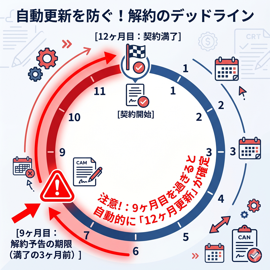 リージャスの解約予告期限を図解。契約満了の3ヶ月前までに申請が必要なタイムラインを解説