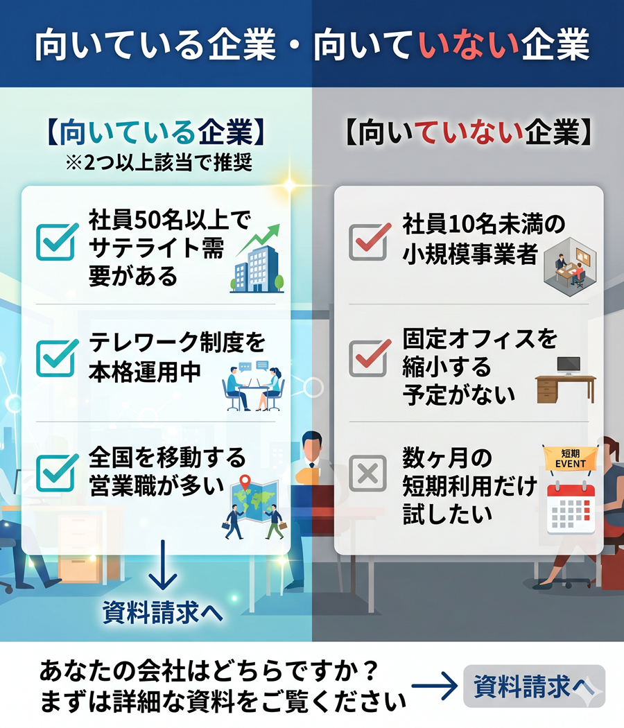 ワークスタイリングが向いている企業と向いていない企業の条件比較リスト。社員数、テレワーク状況、営業スタイルからの判断基準